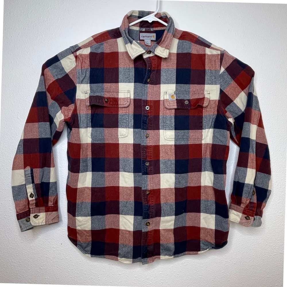 Carhartt Heavy Flannel Plaid Shirt Original Fit Men L Lumberjack Cowboy Workwear